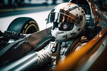 Tuinposter Generative AI Illustration of an F1 driver inside his car with the helmet and the competition suit prepared for the race © Supermelon