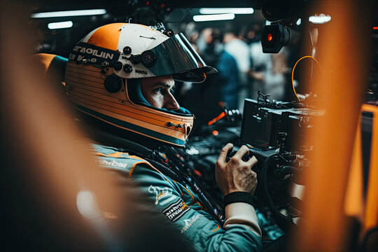 Generative AI Illustration of an F1 driver inside his car with the helmet and the competition suit prepared for the race