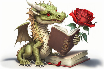 Obraz premium Diada de Sant Jordi a Catalunya. Cute green dragon with a book and a red rose. Book Day illustration traditional. Dia dels enamorats. Generative AI.
