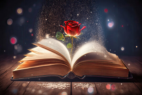 Diada de Sant Jordi a Catalunya. Open book and a red rose with glitter. Bokeh and magic effect. Book Day illustration. April 23 traditional history and legend celebration. Generative AI.