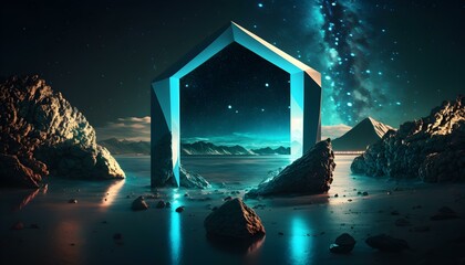 Minimalist abstract neon background with rhombus geometric shape, square frame, and water reflection under the night sky. Futuristic 3D wallpaper