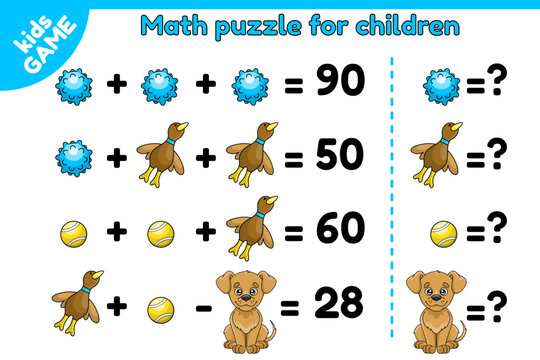 Math puzzle for children. Educational game for preschool and school kids. Logical exercises for training brain. Calculate numbers. Study algebra. Cartoon dog toys and puppy. Vector illustrations.