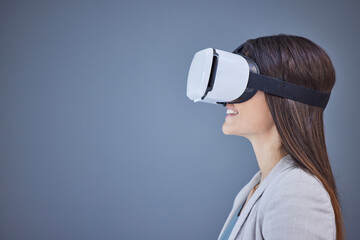 Virtual reality, metaverse and mockup with a business woman using goggles to access an ai interface. VR, 3d and headset with a female employee working online for innovation in information technology