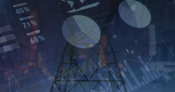 Animation of graphs and financial data over electricity poles at dusk - Powered by Adobe