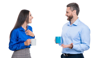 happy business couple at coffee break in studio. business couple at coffee break on background