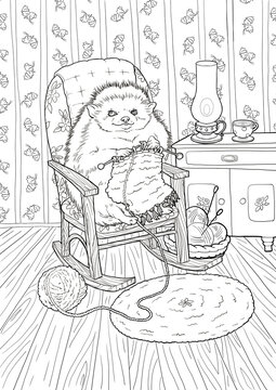 Linear drawing coloring hedgehog sits in a chair and knits. High quality illustration