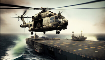 Navy helicopter landing on warship - obrazy, fototapety, plakaty