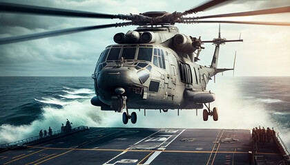 Navy helicopter landing on warship - obrazy, fototapety, plakaty