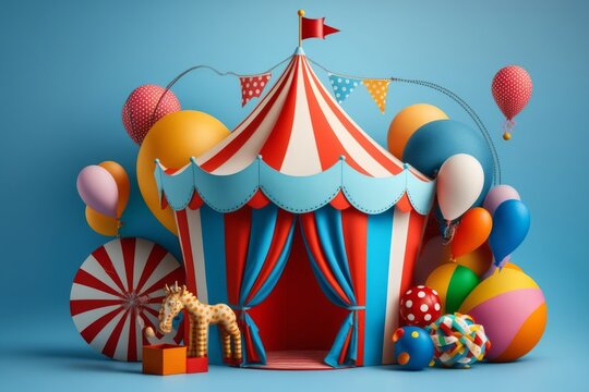 Circus tent with balloons and sweets on blue background. Generative AI