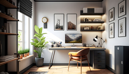 Sleek Productivity: Modern and Minimalist Home Office Interior, AI Generative