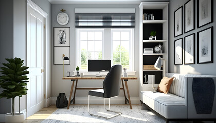 Fototapeta na wymiar Sleek Productivity: Modern and Minimalist Home Office Interior, AI Generative