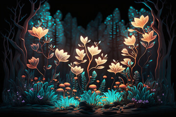 Luminous flowers in fantasy forest at night, Luminous plants in a fantasy forest at night, Generative AI