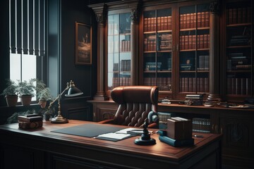 Luxurious and modern business lawyers office with table and lighting. Generative AI