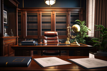 Luxurious and modern business lawyers office with table and lighting. Generative AI