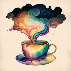Cosmic Chai, Rainbow Coffee or Tea, Illustration of Trippy Psychedelic Clouds Cup of Hot Liquid, Microdosing or Ayahuasca [Generative AI]