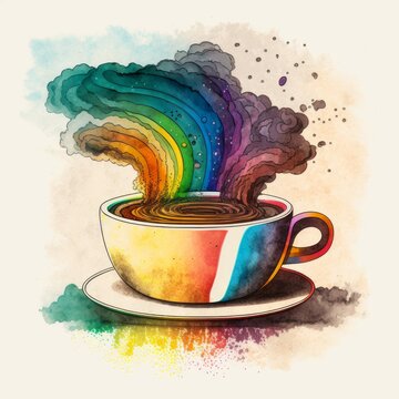 Rainbow Tea or Coffee, Teacup, Trippy Illustration of Rainbow Billowing Cup of Hot Psychedelic Liquid [Generative AI]