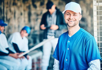Baseball player, portrait and field stadium dugout with softball team ready for ball game. Training, exercise and motivation of a young athlete from Los Angeles with a smile for fitness health