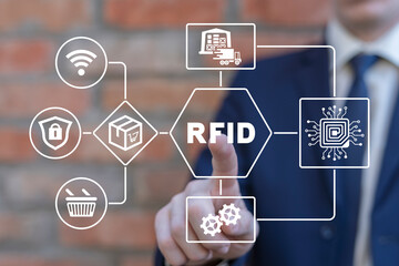 Man using virtual touchscreen presses acronym: RFID. Concept of RFID - Radio Frequency...