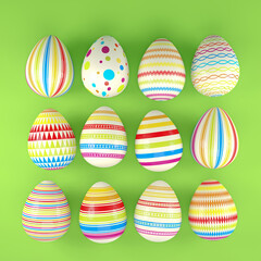 3d render of 12 colorful easter eggs on green background. - Vacation background