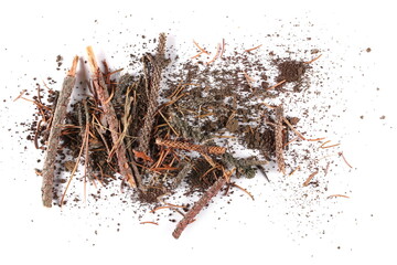 Pile of soil scattered, twigs of wood, branches and conifer yellow leaves, needles isolated on...