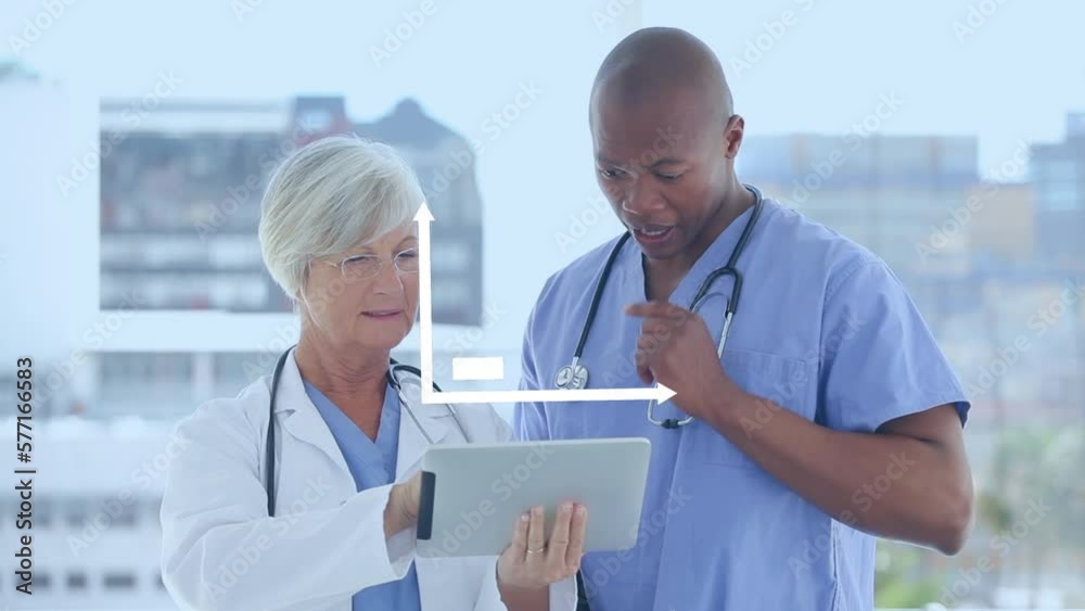 Canvas Prints Animation of statistics over diverse female and male doctors using tablet