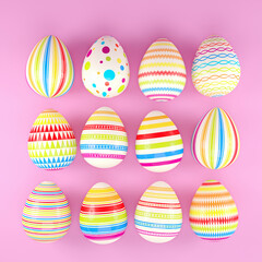 3d render of 12 colorful easter eggs on pink background. - Vacation background