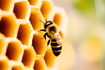 Nature's Sweetness: A Closeup of a Bee on Honeycomb. Generative AI.