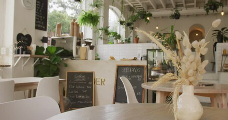 General view of modern cafe with counter, tables, chairs and plants