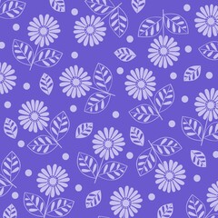 Purple background with patterns of leaves and flowers. Cute aesthetic texture design for prints on clothes