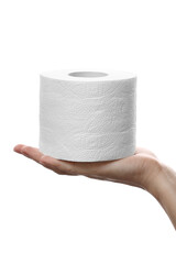 Close-up of a woman hand using toilet paper isolated on a white background. Hand holding roll of tissue paper. white roll toilet paper on female hand.