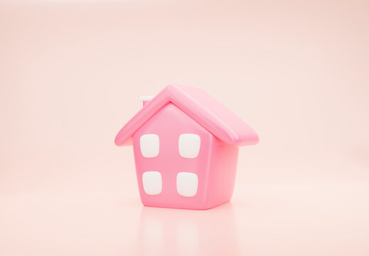 3d pink house icon on beige background. Cartoon icon minimal style. The concept of buying, selling a house, mortgage, real estate website. 3d render illustration.