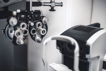 A phoropter commonly used in optometry practices is in selective focus and shows a clear insight...
