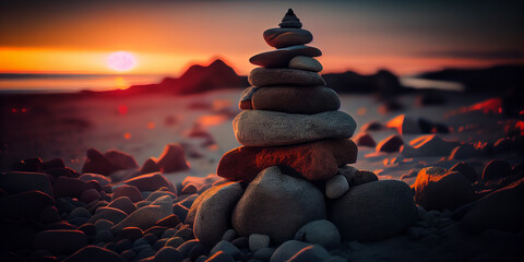 Stones pyramid on the seashore at sunset,Generative AI