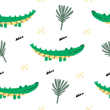 Seamless pattern with a cute crocodile. African charming animal and plant in a flat style. Suitable for the design of children's textiles, wrapping paper, background. Cartoon vector alligator.