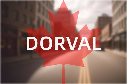 Dorval: Der Name der kanadischen Stadt Dorval in der Provinz Quebec vor einem Foto mit dem kanadischen Ahornblatt