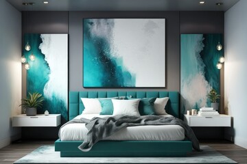 A contemporary bedroom design in Misty Aqua featuring a platform bed, sleek nightstands, and abstract art on the wall. Generative ai