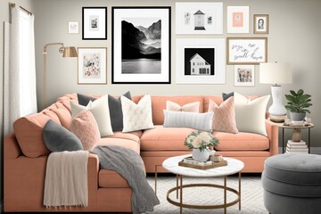 A cozy and inviting living room design in Bleached Coral featuring a comfortable sectional sofa and a gallery wall of family photos. Generative ai