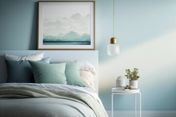 A minimalist room design in Tranquil Dawn featuring a simple white bedframe and bedside table against a light blue accent wall. Generative ai