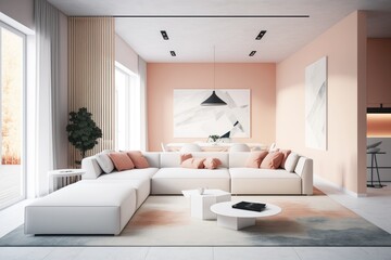 Fototapeta na wymiar A modern and minimalist living room design in Bleached Coral featuring a sleek white sectional sofa and a statement area rug. Generative ai
