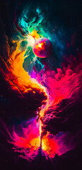 Fototapeta na wymiar Vibrant colourful abstract galaxy universe portrait wallpaper - generative AI
