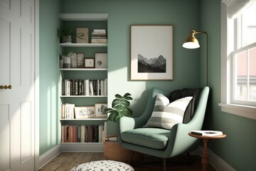 A serene and relaxing reading nook design in Biscay Green featuring a comfortable rocking chair and a wall-mounted bookshelf. Generative ai