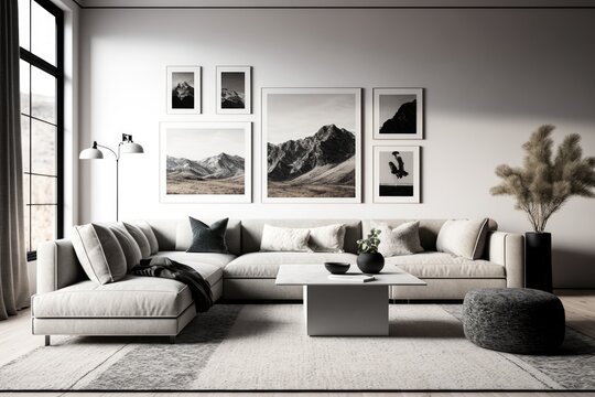 A minimalist living room design in Sandstone featuring a neutral sectional sofa, a textured area rug, and a gallery wall of black and white photography. Generative ai