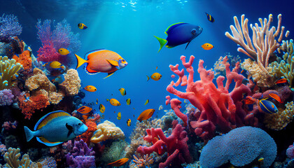 Naklejka na ściany i meble An image of a stunning coral reef, with an abundance of colorful fish and other marine life generated by AI