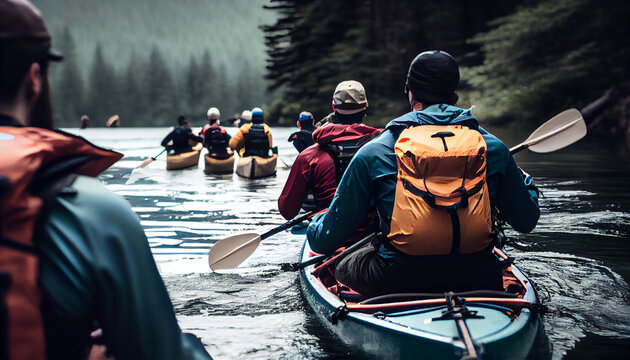 An image of a group of people engaging in outdoor recreational activities, such as hiking or kayaking generated by AI