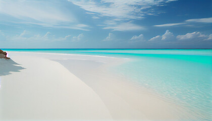 An image of a stunning beach, with crystal-clear water and soft, white sand generated by AI