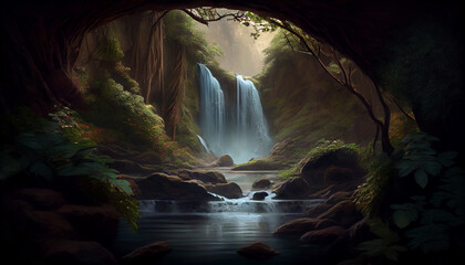 An image of a waterfall in a remote, unspoiled location, with lush vegetation all around generated by AI