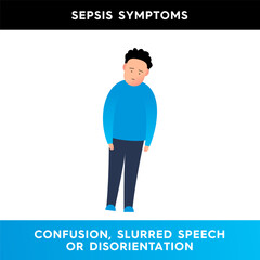 Vector illustration of a man who can hardly stand on his feet. A person with symptoms of disorientation. Symptoms of sepsis. Illustration for medical articles, posters