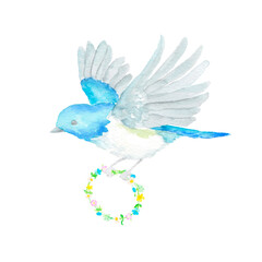 野花のリースを持って飛ぶ青い小鳥の水彩イラスト