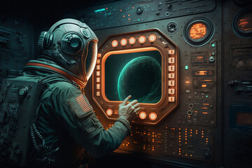 Alien astronaut works with futuristic control panel in starship, Futuristic control panel used by alien astronaut on starship, Generative AI