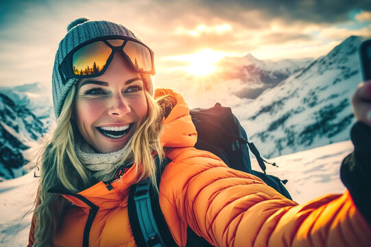 Woman On The Mountain Has A Lot Of Fun In The Snow. Take A Selfie.Generative AI